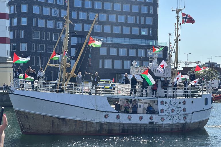 MALMO, SWEDEN - MAY 08: The ship named Handala, belonging to the Freedom Flotilla (Ship to Gaza), which set sail from the capital of Norway, Oslo, on May 1st with the aim of delivering humanitarian aid to Gaza arrives Malmo, Sweden on May 08, 2024. Handala, with its crew of 12 activists, docked at Dockplatsen port where hundreds of people affiliated with Palestinian support civil society organizations welcomed the ship. (Photo by Atila Altuntas/Anadolu via Getty Images)