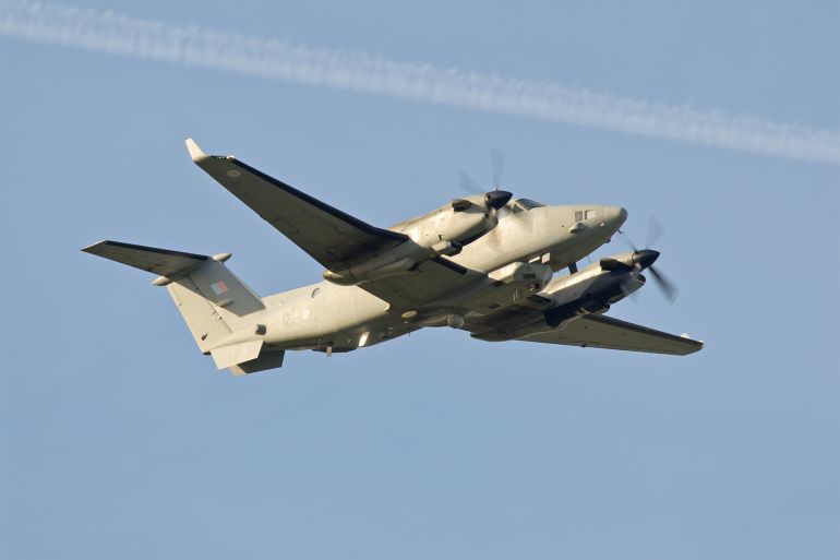 Military aircraft carry out electronic surveillance to stop terrorist activities. November 2017, A Beech 350ER aircraft called a Shadow R1 in RAF parlance seen on climb out from RAF Waddington