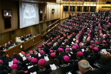 Pope Benedict XVI delivers his speech during the opening session of the synod of the bishops in Paul VI hall at the Vatican October 3, 2005