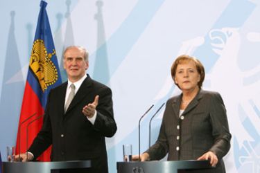 German Chancellor Angela Merkel and the Prime Minister of Liechtenstein Otmar Hasler give a joint press conference at the Chancellory in Berlin on February 20, 2008. Merkel was