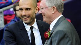 afp-Barcelona's Spanish coach Josep Guardiola (L) embraces Manchester United manager Alex Ferguson