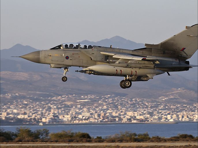 A handout picture received from Britain's Ministry of Defence on September 30, 2014 sows a Royal Air Force (RAF) Tornado GR4 as it returns to Akrotiri British airbase, near the Cypriot port city of Limassol, on September 30, 2014, following an armed mission in support of Op Shader. Britain's Royal Air Force has carried out its first air strikes against the Islamic State group in Iraq, the British defence ministry said. Tornado jets destroyed an IS heavy weapons post with Brimstone missile and a machine gun-mounted vehicle with a Paveway IV bomb, the ministry said in tweets. AFP PHOTO/CROWN COPYRIGHT 2014 RESTRICTED TO EDITORIAL USE - MANDATORY CREDIT " AFP PHOTO / CROWN COPYRIGHT 2014 " - NO MARKETING NO ADVERTISING CAMPAIGNS - DISTRIBUTED AS A SERVICE TO CLIENTS - NO ARCHIVE - TO BE USED WITHIN 2 DAYS FROM September 30, 2014 (48 HOURS), EXCEPT FOR MAGAZINES WHICH CAN PRINT THE PICTURE WHEN FIRST REPORTING ON THE EVENT