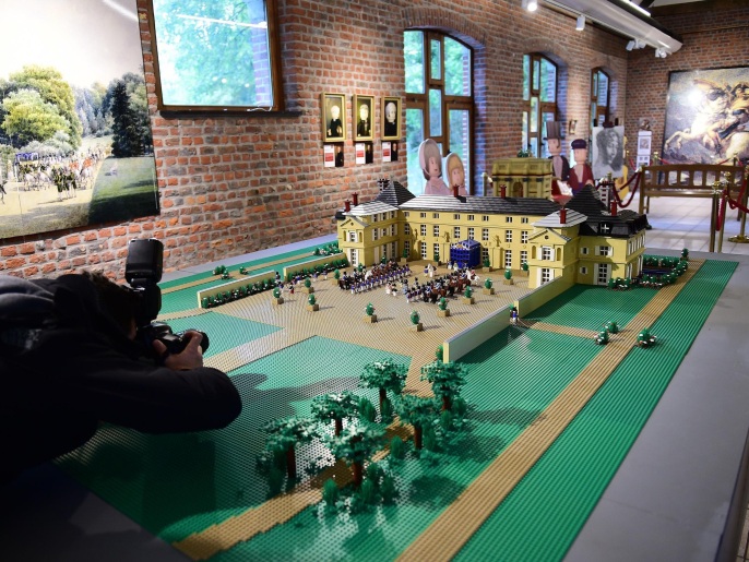 A Lego-bricks-made scene of the life of former French emperor Napoleon I, is displayed prior to the opening of the History in Bricks, an exhibition recreating former French emperor Napoleon I life, in Waterloo, on May 29, 2015 as part of the celebrations marking the 200th anniversary of The Battle of Waterloo. The exhibition, created by Eric Jousse, will run May30-July 31, 2015 in coordination with the reenactement of the battle on June 19-20, 2015, which led to the fall of Napoleon. AFP PHOTO/Emmanuel Dunand