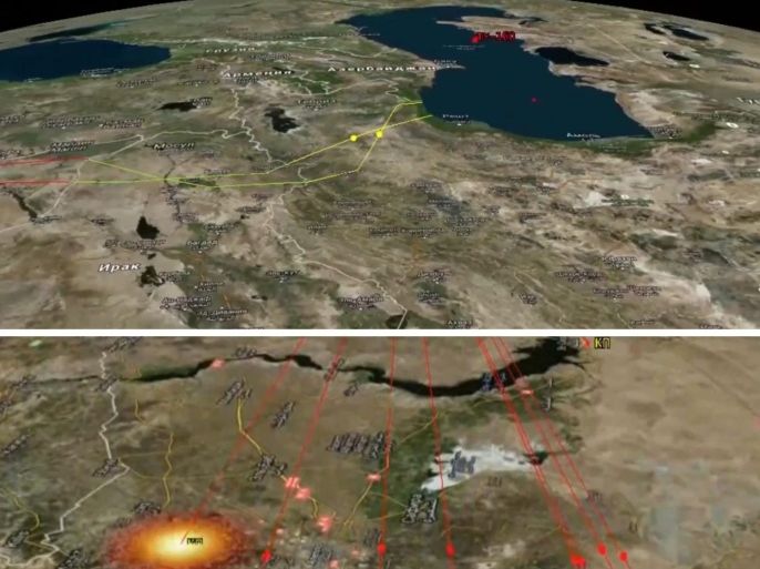 A handout frame grabs combo taken from a video footage released by the Russian Defence Ministry on 07 October 2015 to illustrate the paths of missiles launched from warships of the Caspian Flotilla from the deployment area in the south-western Caspian Sea and the target being hit in Syria. According to information published on the official website of the Russian Defence Ministry, the warships of the Caspian Flotilla carried out massive strikes against Islamic State facilities in Syria by sea-based cruise missiles which passed through the airspace of Iran and Iraq and hit targets. EPA/RUSSIAN DEFENCE MINISTRY PRESS SERVICE/HANDOUT BEST QUALITY AVAILABLE HANDOUT EDITORIAL USE ONLY/NO SALES
