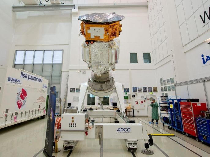The satellite 'LISA Pathfinder' stands in a room of the 'Industry Plants Operating Company' (IABG) in Ottobrunn, Germany, 1 September 2015. The satellite will be taken to space in November 2015 to detect gravitational waves.