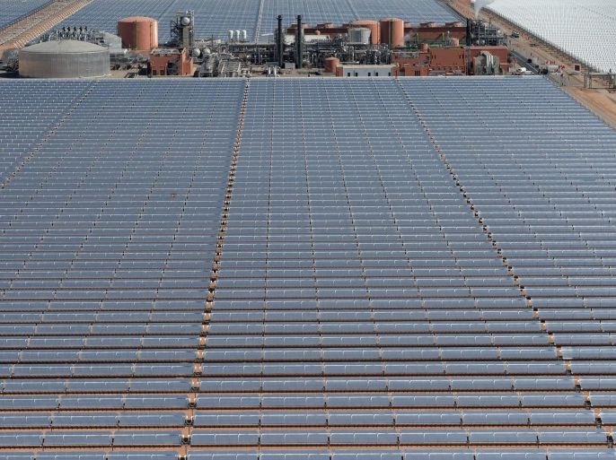 A picture made available on 05 February 2016 shows an aerial view of solar panels at the concentrated solar power (CSP) plant Noor 1, ahead of its opening ceremony, in Ouarzazate, southern Morocco, 04 February 2016. Noor 1, also called Ouarzazate Solar Power Station (OSPS), one of the largest solar plants in the world, is the first stage of a larger project to boost renewable energy production in Morocco.
