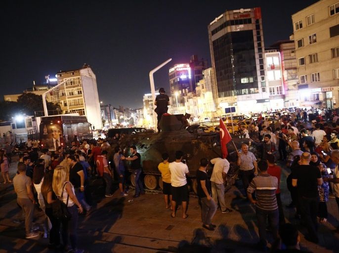 People in front of a tank as Turkish police stand on top of it during a demonstration against the failed army coup attempt, in Istanbul, Turkey, 16 July 2016. Turkish Prime Minister Yildirim reportedly said that the Turkish military was involved in an attempted coup d'etat. The Turkish military meanwhile stated it had taken over control. According to news reports, Turkish President Recep Tayyip Erdogan has denounced the coup attempt as an 'act of treason' and insisted his government remains in charge. Some 104 coup plotters were killed, 90 people - 41 of them police and 47 are civilians - 'fell martrys', after an attempt to bring down the Turkish government, the acting army chief General Umit Dundar said in a televised appearance.