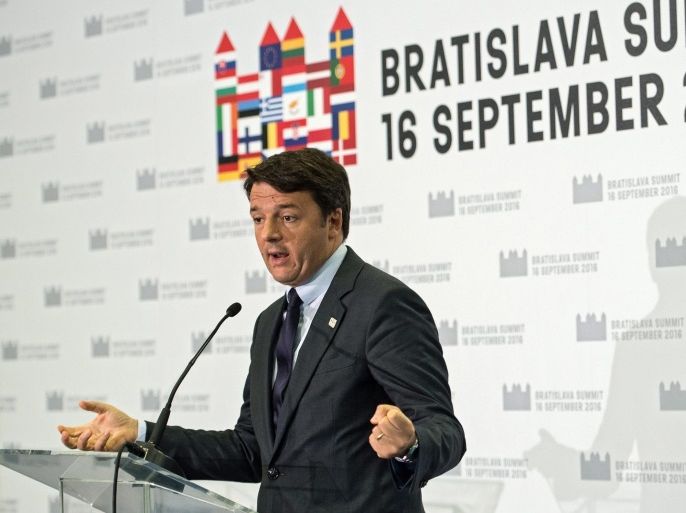 Italian Prime Minister Matteo Renzi give his closing press conference at the end of the EU's informal summit of the 27 heads of state or governments, in Bratislava, Slovakia, 16 September 2016. European Union leaders met to discuss a new strategy and future of the European Union after the recent Brexit referendum in Britain.