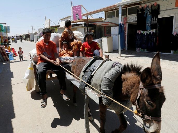Syrian refugee children ride on animal-drawn carts at the Al-Zaatri refugee camp in the Jordanian city of Mafraq,Jordan, near the border with Syria May 30, 2016. REUTERS/Muhammad Hamed
