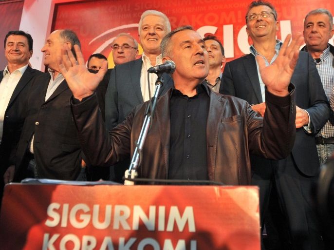 Montenegrin Prime Minister and leader of the ruling Democratic Party of Socialists (DPS) Milo Djukanovic speaks to supporters after the parliamentary elections in Podgorica, Montenegro, 17 October 2016. The parliamentary elections in the ex-Yugoslav country were held on 16 October 2016, with an election campaign focused on choosing closer ties with the EU and the NATO or with Russia.