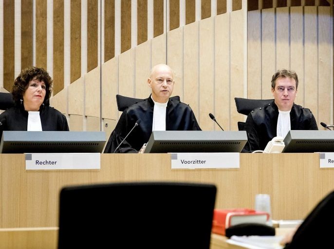 (L-R) Judges Elianne van Rens, Henry Stone House and Sijbrand Wreath prior to the trial of the criminal case against Geert Wilders of the Party for Freedom (PVV), at Schiphol, Badhoevedorp, The Netherlands, 31 October 2016. Wilders, who is not present during proceedings, is standing trial for allegedly inciting hatred against the Dutch Moroccan minority.