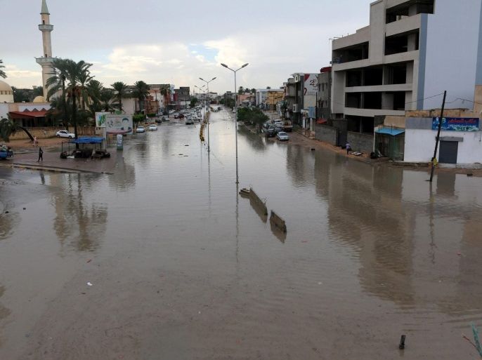 A flooded street is pictured after heavy rains caused the closure of several main streets in Libya's capital Tripoli November 6, 2015. REUTERS/Hani Amara