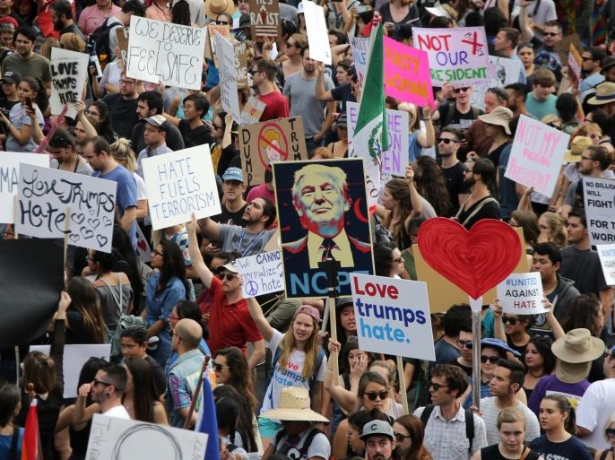 Thousands of demonstrators gather outside the Federal Building to protest the election of Donald Trump as the 45th president of the United States, in Los Angeles, California, USA, 12 November 2016.