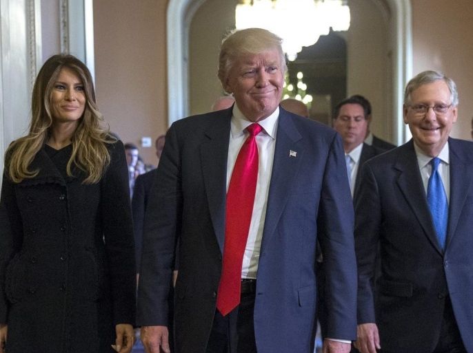 US President elect Donald Trump (C), with his wife Melania Trump (L), and Senate Majority Leader Mitch McConnell (R), after a meeting in the Majority Leaders office in the US Capitol in Washington, DC, USA, 10 November 2016. Earlier in the day, President-elect Trump met with US President Barack Obama and Speaker of the House Paul Ryan.