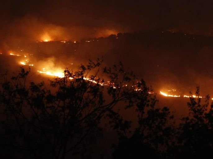A general view showing flames rising from a fire in Nataf near Jerusalem, Israel, 25 November 2016. A string of wildfires raged on in areas of central and northern Israel on 25 November forcing hundreds more people to evacuate their homes, Israeli police said.