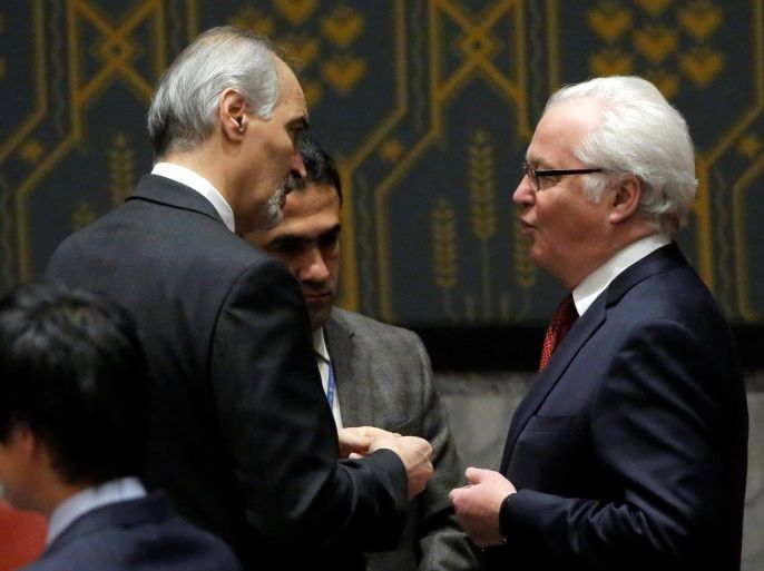 Syrian Ambassador to the United Nations Bashar al-Jaafari speaks with Russia's Ambassador Vitaly Churkin ahead of a United Nations Security Council vote, aimed at ensuring that U.N. officials can monitor evacuations from besieged parts of the Syrian city of Aleppo, at the United Nations in Manhattan, New York City, U.S., December 19, 2016. REUTERS/Andrew Kelly