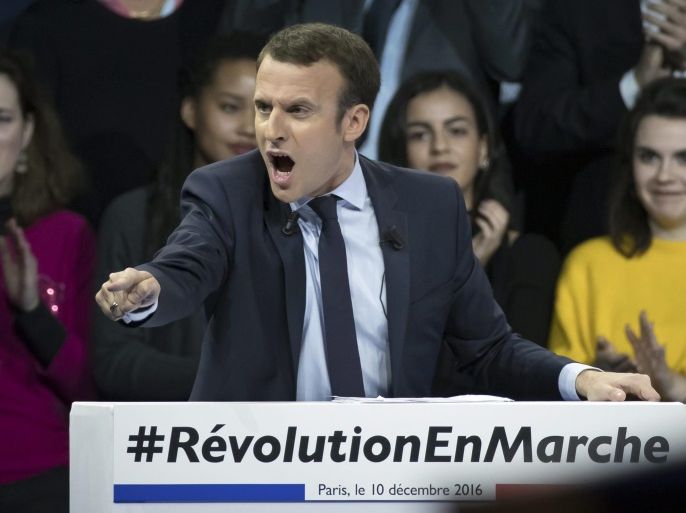 Former French Economy Minister Emmanuel Macron delivers a speech during a political campaign rally in the Parc des Expositions in Paris, France, 10 December 2016. Macron runs as an independent candidate, with his own movement named 'En March' (onwards) for French presidential elections on 23 April and 07 May 2017.