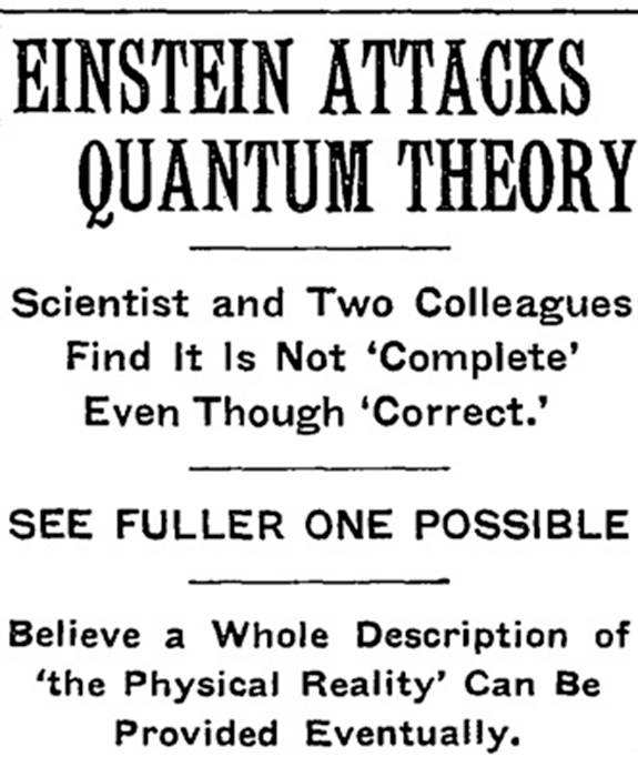 آينشتاين يهاجم النظرية الكمية، الصفحة الرئيسية من النيويورك تايمز عدد مايو 1935