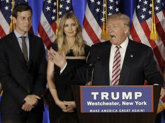 FILE PICTURE: Donald Trump speaks as his son-in-law Jared Kushner (L) and his daughter Ivanka listen at a campaign event at the Trump National Golf Club Westchester in Briarcliff Manor, New York, U.S., June 7, 2016. REUTERS/Mike Segar/File Photo