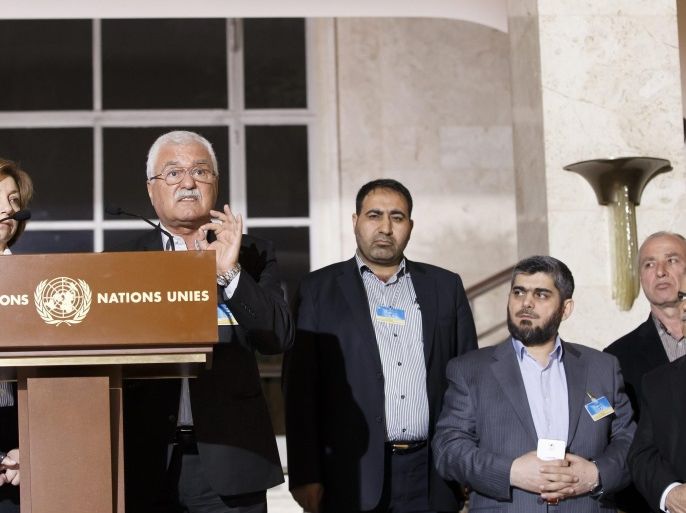 Syrian opposition Deputy Head George Sabra (2-L), next to members of High Negotiations Committee, HCN, Bassma Kodmani (L), Alaboud Mohammad (3-L), Mohammed Alloush (2-R), Chief negotiator for the main Syrian opposition body and rebel group Army of Islam, and Asaad Al-Zoubi (R), head of the Syrian opposition delegation, speaks to the media after a new round of negotiations between the Syrian opposition and the UN Special Envoy of the Secretary-General for Syria Staffan de Mistura (no pictured), at the European headquarters of the United Nations in Geneva, Switzerland, 15 March 2016. The civil war in Syria has claimed the lives of more than 273,000 people in five years, reported the Syrian Observatory for Human Rights.
