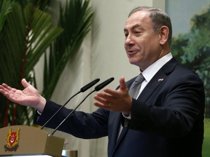 Israeli Prime Minister Benjamin Netanyahu gestures while giving an address during a state dinner at the Istana Presidential Palace, Singapore, 20 February 2017. Netanyahu is on a two-day state visit to Singapore to interact with the local Jewish community and visit Singapore's Housing Board Development (HDB) apartments.
