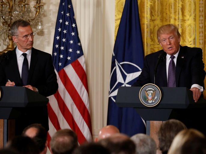 U.S. President Donald Trump (R) and NATO Secretary General Jens Stoltenberg hold a joint news conference in the East Room at the White House in Washington, U.S., April 12, 2017. REUTERS/Jonathan Ernst