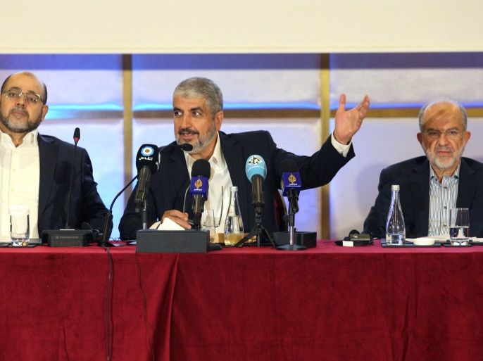 Hamas leader Khaled Meshaal gestures as he announces a new policy document in Doha, Qatar, May 1, 2017. REUTERS/Naseem Zeitoon