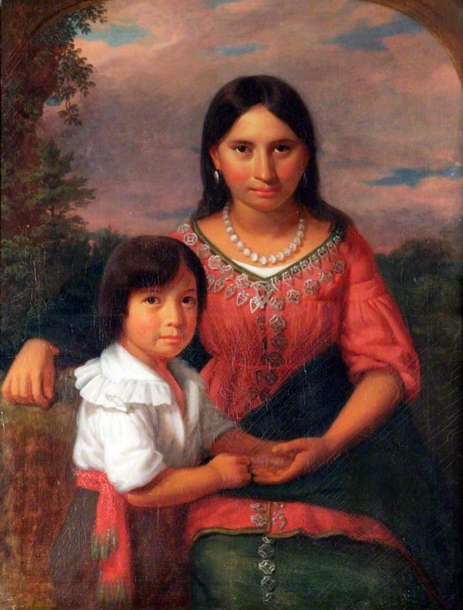 لوحة فنية من عام 1830 يعتقد أنها لبوكاهانتس وابنها توماس رولف (مواقع التواصل)