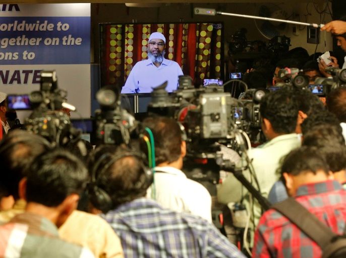 Zakir Naik, an Indian Islamic preacher and founder of Islamic Research Foundation, speaks to the media via a video conference in Mumbai, India, July 15, 2016. REUTERS/Shailesh Andrade