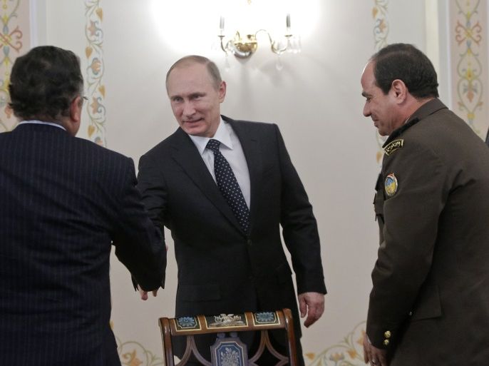 Russia's President Vladimir Putin (C) shakes hands with Egypt's Foreign Minister Nabil Fahmy (L) as Army chief Field Marshal Abdel Fattah al-Sisi looks on during their meeting at the Novo-Ogaryovo state residence outside Moscow February 13, 2014. REUTERS/Maxim Shemetov (RUSSIA - Tags: POLITICS)