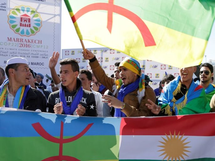 Amazigh activists protest in the tourist city of Marrakesh, where the country is hosting the UN Climate Change Conference 2016 (COP22), against government policies they say are hurting local populations mainly in the rural areas, in Morocco November 12, 2016. REUTERS/Youssef Boudlal