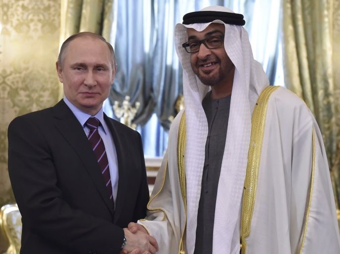 Russian President Vladimir Putin (L) shakes hands with Crown Prince of Abu Dhabi Sheikh Mohammed bin Zayed al-Nahyan during their meeting at the Kremlin in Moscow on April 20, 2017. REUTERS/Alexander Nemenov/Pool