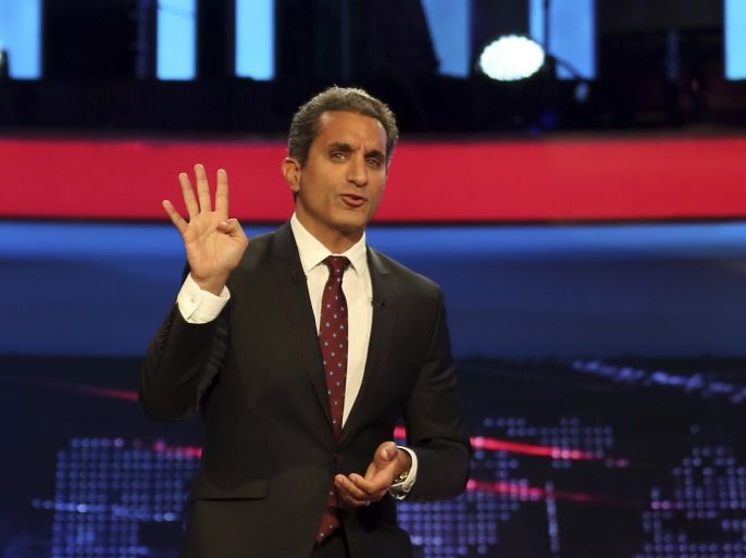 Egyptian satirist Bassem Youssef talks during a news conference in Cairo June 2, 2014. Egypt's top TV satirist said on Monday his show had been canceled, amid speculation it was because his latest script poked fun at a presidential election won by the former army chief.Bassem Youssef, known as the