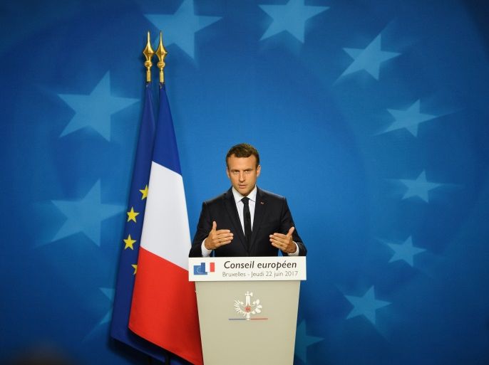 BRUSSELS, BELGIUM - JUNE 22: French President Emmanuel Macron holds a press conference at the EU Council headquarters on the first day of a two day European Council summit on June 22, 2017 in Brussels, Belgium. (Photo by Leon Neal/Getty Images)