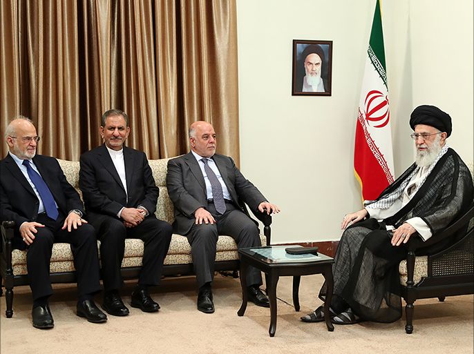 epa06039369 A handout photo made available by the Iranian supreme leader official website shows, Iranian supreme leader Ayatollah Ali Khamenei (R) talks to Iraqi Prime minister Haidar al-Abadi (L-3), as Iranian vice president Eshagh Jahangiri (C), and former Iraqi prime minister Ibrahim al-Jafari (L) look on, in Tehran, Iran, 20 June 2017. EPA/IRANIAN SUPREME LEADER OFFICIAL HANDOUT HANDOUT EDITORIAL USE ONLY/NO SALES