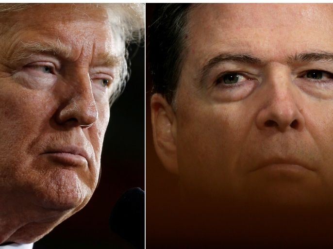 U.S. President Donald Trump (L) speaks in Ypilanti Township, Michigan March 15, 2017 and FBI Director James Comey testifies before a Senate Judiciary Committee hearing in Washington, D.C., May 3, 2017 in a combination of file photos. REUTERS/Jonathan Ernst/Kevin Lamarque/File Photos