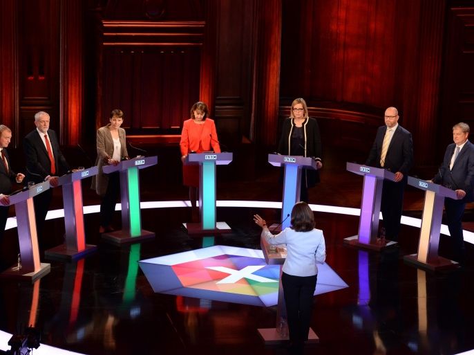 CAMBRIDGE, ENGLAND - MAY 31: Liberal Democrats leader Tim Farron, Labour leader Jeremy Corbyn, Green Party co-leader Caroline Lucas, Plaid Cymru leader Leanne Wood, Home Secretary Amber Rudd, Ukip leader Paul Nuttall and SNP deputy leader Angus Robertson take part in the BBC Election Debate hosted by BBC news presenter Mishal Husain, as it is broadcast live from Senate House on May 31, 2017 in Cambridge, England. Six Leaders of the Seven political parties campaigni