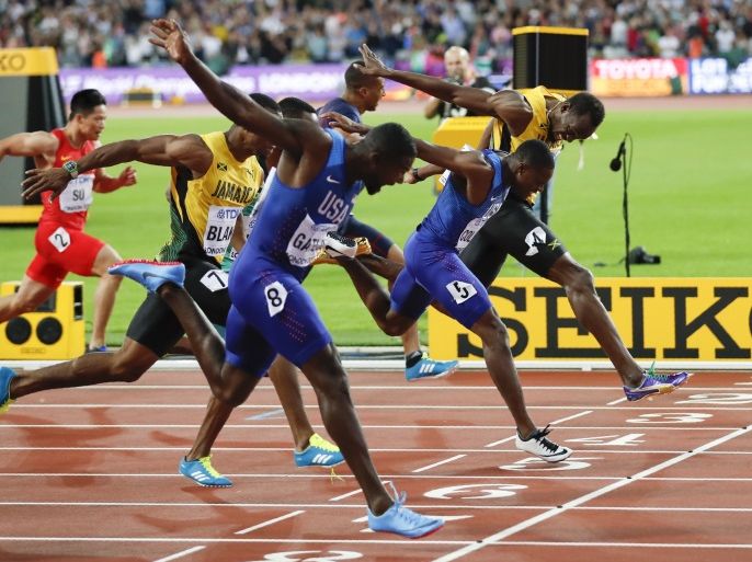 Athletics - World Athletics Championships – men’s 100 metres final – London Stadium, London, Britain – August 5, 2017 2017 – Usain Bolt of Jamaica, Justin Gatlin of the U.S. and Christian Coleman of the U.S. compete. REUTERS/Matthew Childs