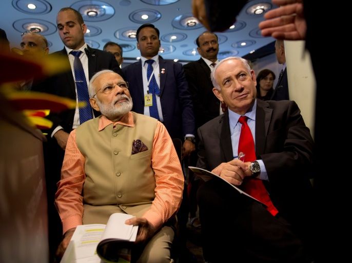 Indian Prime Minister Narendra Modi and Israeli Prime Minister Benjamin Netanyahu attend an Innovation conference with Israeli and Indian CEOs in Tel Aviv, Israel July 6, 2017. REUTERS/Oded Balilty/Pool
