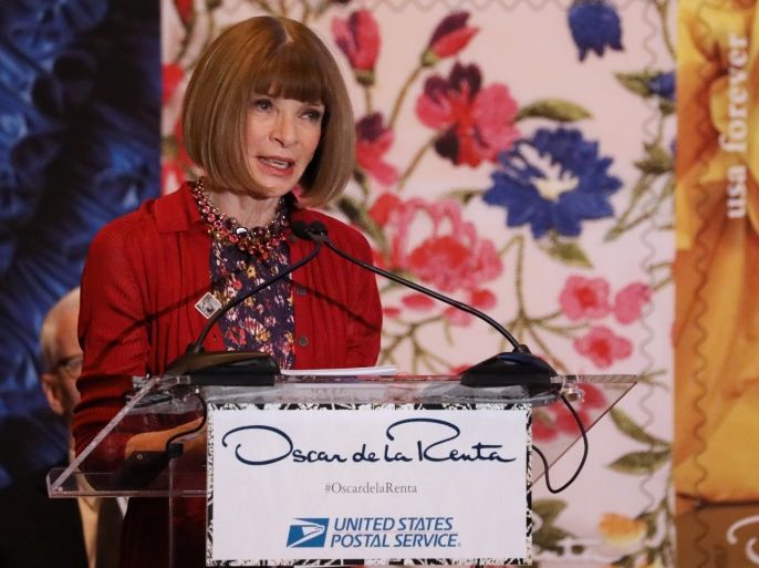 Vogue editor-in-chief Anna Wintour speaks during a dedication ceremony honoring fashion designer Oscar de la Renta with a series of U.S. postal stamps at Vanderbilt Hall in Grand Central Station in New York U.S., February 16, 2017. REUTERS/Shannon Stapleton