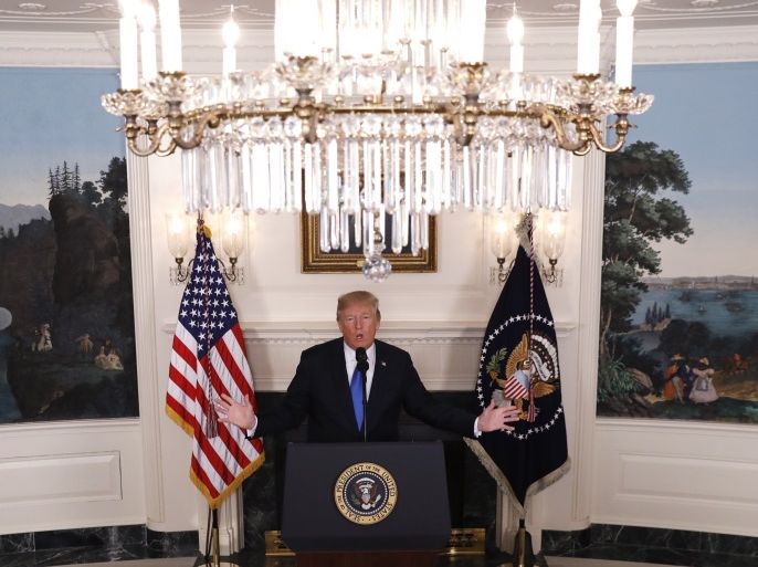 U.S. President Donald Trump speaks about Iran and the Iran nuclear deal in the Diplomatic Room of the White House in Washington, U.S., October 13, 2017. REUTERS/Kevin Lamarque