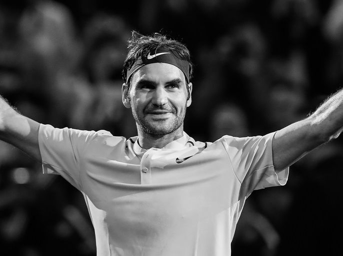 SHANGHAI, CHINA - OCTOBER 15: (EDITORS NOTE: Image has been converted to black and white.) Roger Federer of Switzerland celebrates after winning the Men's singles final mach against Rafael Nadal of Spain on day eight of 2017 ATP Shanghai Rolex Masters at Qizhong Stadium on October 15, 2017 in Shanghai, China. (Photo by Lintao Zhang/Getty Images)