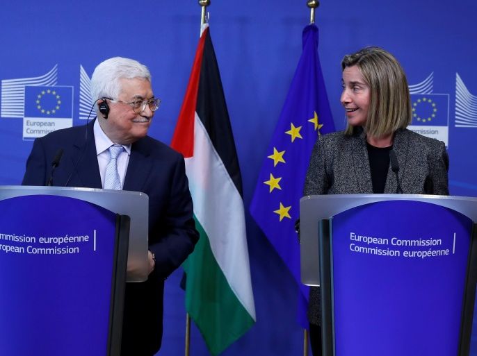Palestinian President Mahmoud Abbas holds a joint news conference with European Union foreign policy chief Federica Mogherini in Brussels, Belgium, March 27, 2017. REUTERS/Yves Herman
