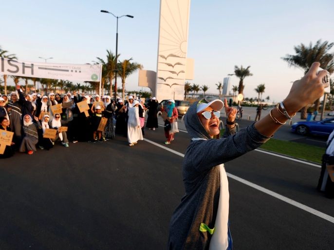 Saudi woman Hala al-Dakheel takes a selfie during a running event marking International Women's Day in Jeddah, Saudi Arabia March 8, 2018.