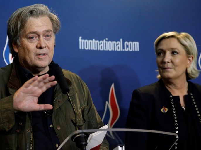 Marine Le Pen, National Front (FN) political party leader, and Former White House Chief Strategist Steve Bannon attend a news conference, during the party's convention in Lille, France, March 10, 2018. REUTERS/Pascal Rossignol