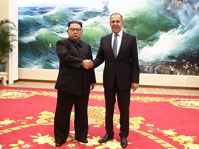 from Russian Foreign Ministry's Flickr account shows Russian Foreign Minister Sergei Lavrov (R) shaking hands with President of North Korea Kim Jong-UN (L ) in Pyongyang, North Korea, 31 May 2018. Sergei Lavrov visits North Korea on an official visit. EPA-EFE/HANDOUT Russian Foreign Ministry HANDOUT EDITORIAL USE ONLY/NO SALES