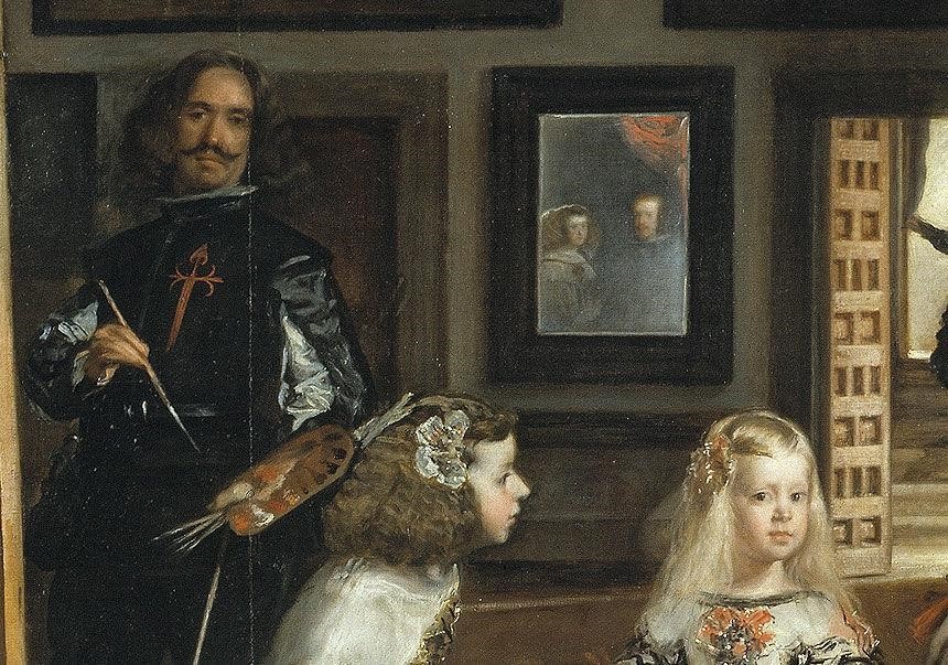 جزء من اللوحة يظهر فيه الرسام على اليسار والمرآة التي تعكس وجه الملك والملكة والأميرة ووصيفتها (مواقع التواصل )