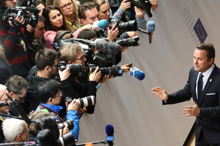 Luxembourg's Prime Minister Xavier Bettel gestures as he speaks to the media before the extraordinary EU leaders summit to finalise and formalise the Brexit agreement in Brussels, Belgium November 25, 2018. REUTERS/Yves Herman