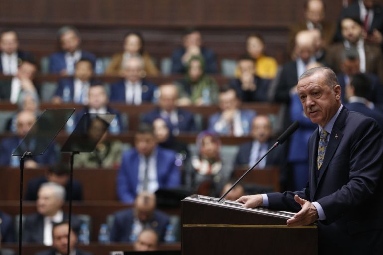 AK Party Group Meeting in Ankara- - ANKARA, TURKEY - JANUARY 15: Turkish President and leader of Turkey's ruling Justice and Development (AK) Party Recep Tayyip Erdogan addresses the crowd as he attends his party's parliamentary group meeting at the Grand National Assembly of Turkey in Ankara, Turkey on January 15, 2019.