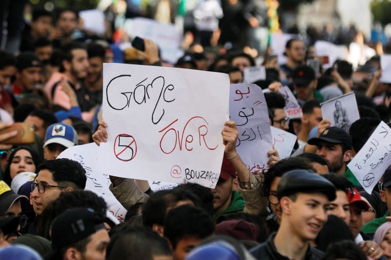 Students take part in a protest to denounce an offer by President Abdelaziz Bouteflika to run in elections next month but not to serve a full term if re-elected, in Algiers, Algeria March 5, 2019. REUTERS/Zohra Bensemra